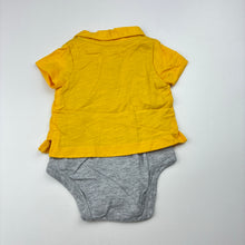 Load image into Gallery viewer, Boys Carters, yellow &amp; grey cotton polo romper, EUC, size 0000,  