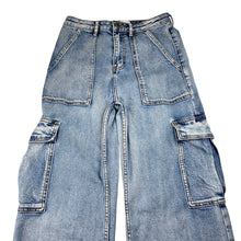 Load image into Gallery viewer, Girls DECJUBA KIDS, blue stretch denim cargo jeans, W: 33cm across, Inside leg: 61.5cm, GUC, size 14,  