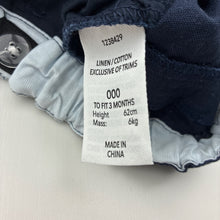 Load image into Gallery viewer, Boys Dymples, navy linen &amp; cotton blend shorts, adjustable, EUC, size 000,  