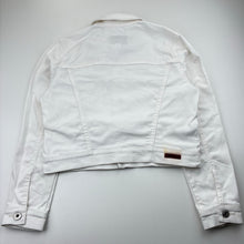 Load image into Gallery viewer, Girls Country Road, white stretch denim jacket, marks right sleeve &amp; back hem, FUC, size 10,  