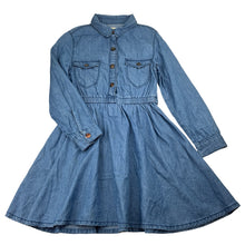 Load image into Gallery viewer, Girls Zara, blue chambray cotton shirt dress, EUC, size 6-7, L: 61cm