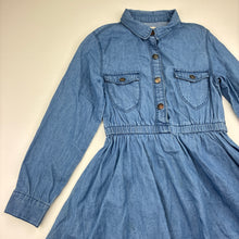 Load image into Gallery viewer, Girls Zara, blue chambray cotton shirt dress, EUC, size 6-7, L: 61cm