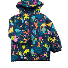 Load image into Gallery viewer, Girls Anko, navy puffer jacket / coat, colourful dinosaurs, EUC, size 4,  
