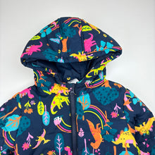 Load image into Gallery viewer, Girls Anko, navy puffer jacket / coat, colourful dinosaurs, EUC, size 4,  