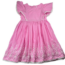 Load image into Gallery viewer, Girls Pumpkin Patch, lined broderie cotton dress, light mark, FUC, size 5, L: 62cm