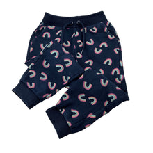 Load image into Gallery viewer, Girls Milkshake, fleece lined track pants, elasticated, rainbows, Inside leg: 43cm, GUC, size 6,  