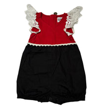 Load image into Gallery viewer, Girls Penny &amp; Co, lace trim red &amp; black romper, EUC, size 00,  