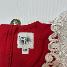 Load image into Gallery viewer, Girls Penny &amp; Co, lace trim red &amp; black romper, EUC, size 00,  
