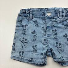 Load image into Gallery viewer, Unisex H&amp;M, Disney Mickey Mouse stretch denim shorts, adjustable, FUC, size 2,  