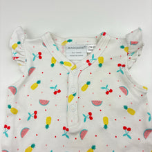 Load image into Gallery viewer, Girls Marquise, soft feel cotton romper, tropical fruit, EUC, size 0000,  