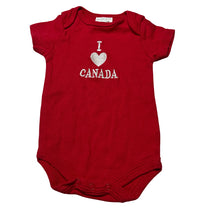 Load image into Gallery viewer, Unisex embroidered, red cotton romper, Canada, GUC, size 000,  