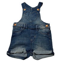 Load image into Gallery viewer, Girls H&amp;M, soft feel stretch knit denim overalls / shortalls, GUC, size 00,  