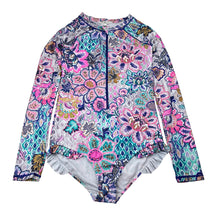 Load image into Gallery viewer, Girls Minihaha, colourful long sleeve swim one-piece, GUC, size 14,  