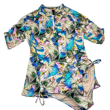 Load image into Gallery viewer, Girls AQUA BLU, colourful rashie &amp; swim bottoms, peacock feathers, EUC, size 14,  