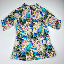 Load image into Gallery viewer, Girls AQUA BLU, colourful rashie &amp; swim bottoms, peacock feathers, EUC, size 14,  