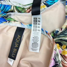 Load image into Gallery viewer, Girls AQUA BLU, colourful rashie &amp; swim bottoms, peacock feathers, EUC, size 14,  