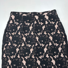 Load image into Gallery viewer, Womens M&amp;S, lined black floral lace skirt, L: 63cm, W: 34.5cm across, EUC, size 8,  