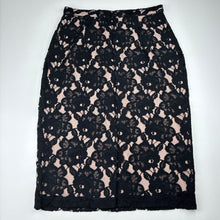 Load image into Gallery viewer, Womens M&amp;S, lined black floral lace skirt, L: 63cm, W: 34.5cm across, EUC, size 8,  