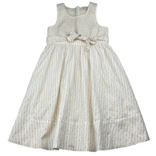 Load image into Gallery viewer, Girls Country Road, cotton lined white &amp; metallic gold stripe dress, GUC, size 7, L: 74cm