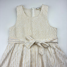 Load image into Gallery viewer, Girls Country Road, cotton lined white &amp; metallic gold stripe dress, GUC, size 7, L: 74cm