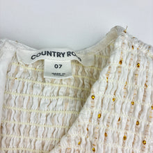 Load image into Gallery viewer, Girls Country Road, cotton lined white &amp; metallic gold stripe dress, GUC, size 7, L: 74cm