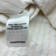 Load image into Gallery viewer, Girls Country Road, cotton lined white &amp; metallic gold stripe dress, GUC, size 7, L: 74cm