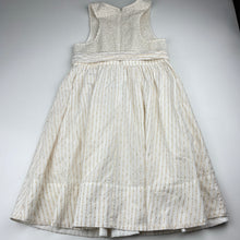 Load image into Gallery viewer, Girls Country Road, cotton lined white &amp; metallic gold stripe dress, GUC, size 7, L: 74cm
