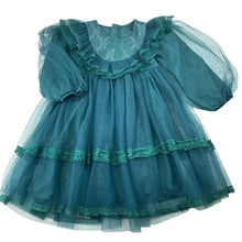 Load image into Gallery viewer, Girls teal, lined tulle &amp; lace long sleeve dress, GUC, size 3, L: 54cm