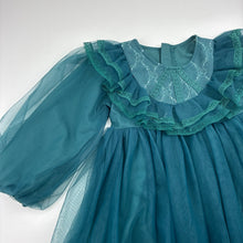 Load image into Gallery viewer, Girls teal, lined tulle &amp; lace long sleeve dress, GUC, size 3, L: 54cm