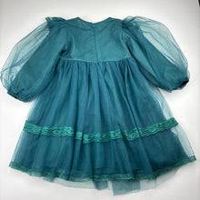 Load image into Gallery viewer, Girls teal, lined tulle &amp; lace long sleeve dress, GUC, size 3, L: 54cm