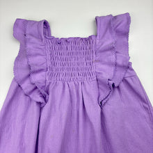 Load image into Gallery viewer, Girls Lily &amp; Dan, purple ruffle dress, marks on front, FUC, size 2, L: 48cm
