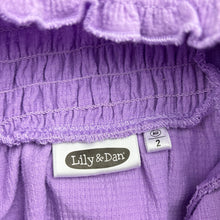 Load image into Gallery viewer, Girls Lily &amp; Dan, purple ruffle dress, marks on front, FUC, size 2, L: 48cm