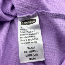 Load image into Gallery viewer, Girls Lily &amp; Dan, purple ruffle dress, marks on front, FUC, size 2, L: 48cm