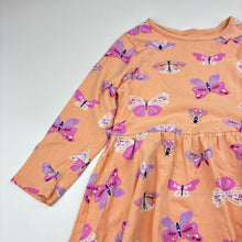 Load image into Gallery viewer, Girls cotton, long sleeve dress, butterflies, no labels, armpit to armpit: 28cm, shoulder to cuff: 30cm, GUC, size 2, L: 44cm