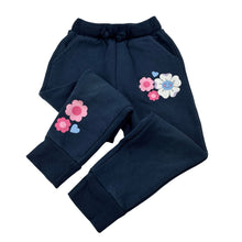 Load image into Gallery viewer, Girls Anko, navy fleece lined track pants, flowers, Inside leg: 40cm, EUC, size 5,  