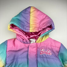 Load image into Gallery viewer, Girls Barbie, colourful hooded jacket / coat, light marks on cuffs, FUC, size 5,  