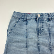 Load image into Gallery viewer, Girls Calvin Klein Jeans, blue stretch denim skirt, L: 32cm, W: 30cm across, GUC, size 8,  