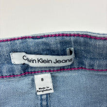 Load image into Gallery viewer, Girls Calvin Klein Jeans, blue stretch denim skirt, L: 32cm, W: 30cm across, GUC, size 8,  