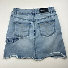 Load image into Gallery viewer, Girls Calvin Klein Jeans, blue stretch denim skirt, L: 32cm, W: 30cm across, GUC, size 8,  