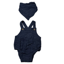 Load image into Gallery viewer, Unisex Anko, blue organic cotton romper + matching bib, EUC, size 00,  
