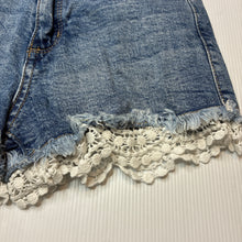 Load image into Gallery viewer, Girls 1964 Denim Co, lace trim stretch denim shorts, W: 29cm across, GUC, size 10,  