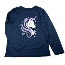Load image into Gallery viewer, Girls Anko, navy cotton long sleeve tee / top, unicorn, EUC, size 5,  