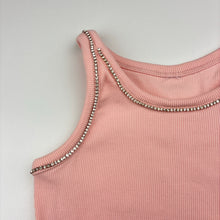 Load image into Gallery viewer, Girls pink, ribbed stretchy singlet top, diamante trim, no labels, armpit to armpit: 27cm, GUC, size 6-7,  