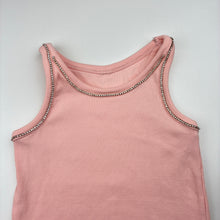 Load image into Gallery viewer, Girls pink, ribbed stretchy singlet top, diamante trim, no labels, armpit to armpit: 27cm, GUC, size 6-7,  