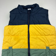 Load image into Gallery viewer, Boys Anko, navy, yellow &amp; green puffer vest, mark on front, FUC, size 8,  