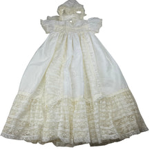 Load image into Gallery viewer, Girls Cindy Gaye, heirloom vintage Christening / Baptism gown + matching bonnet **discolouration of lace on hem**, FUC, size 00, L: 71cm