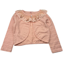 Load image into Gallery viewer, Girls coral, lightweight cardigan / top, floral lace trim, EUC, size 6,  
