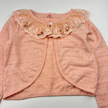 Load image into Gallery viewer, Girls coral, lightweight cardigan / top, floral lace trim, EUC, size 6,  