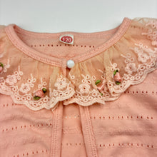 Load image into Gallery viewer, Girls coral, lightweight cardigan / top, floral lace trim, EUC, size 6,  