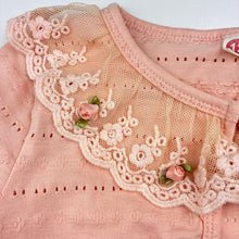 Load image into Gallery viewer, Girls coral, lightweight cardigan / top, floral lace trim, EUC, size 6,  